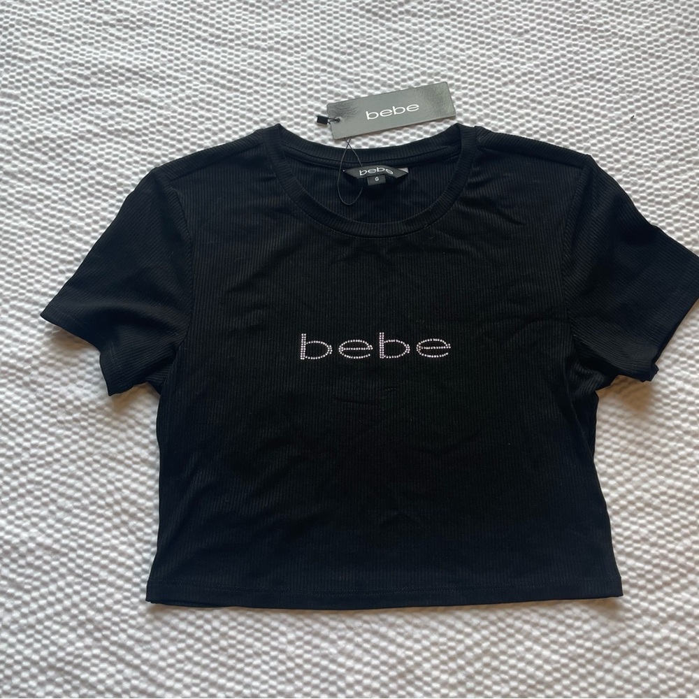 NWT BEBE Black Crop Fitted T-Shirt Size Large(G) imported From Mexico
